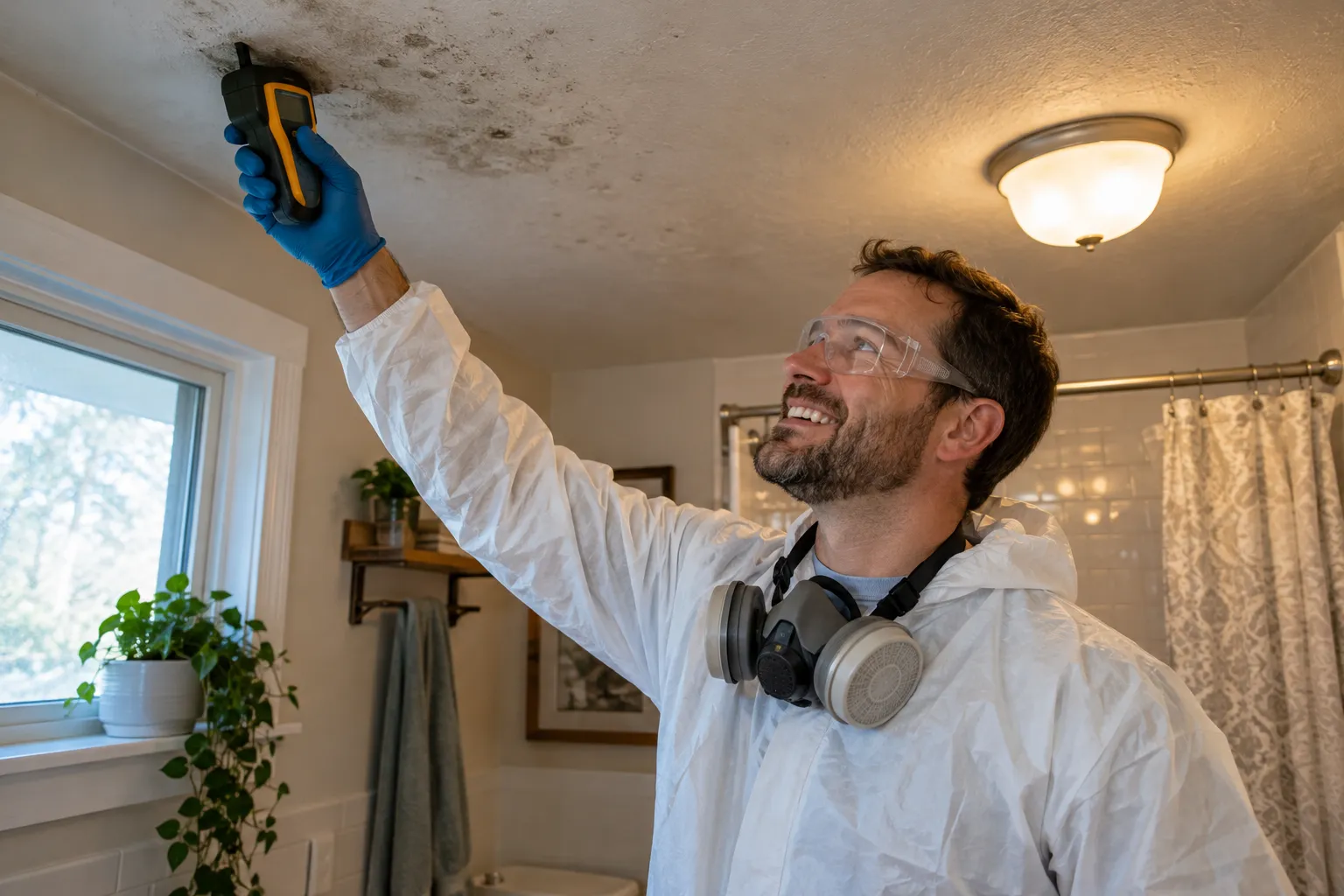 A provider inspecting a ceiling for moisture in a the Manhattan area home