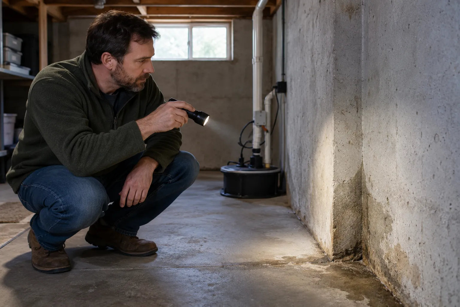 A homeowner in Manhattan checking a basement wall for early signs of mold